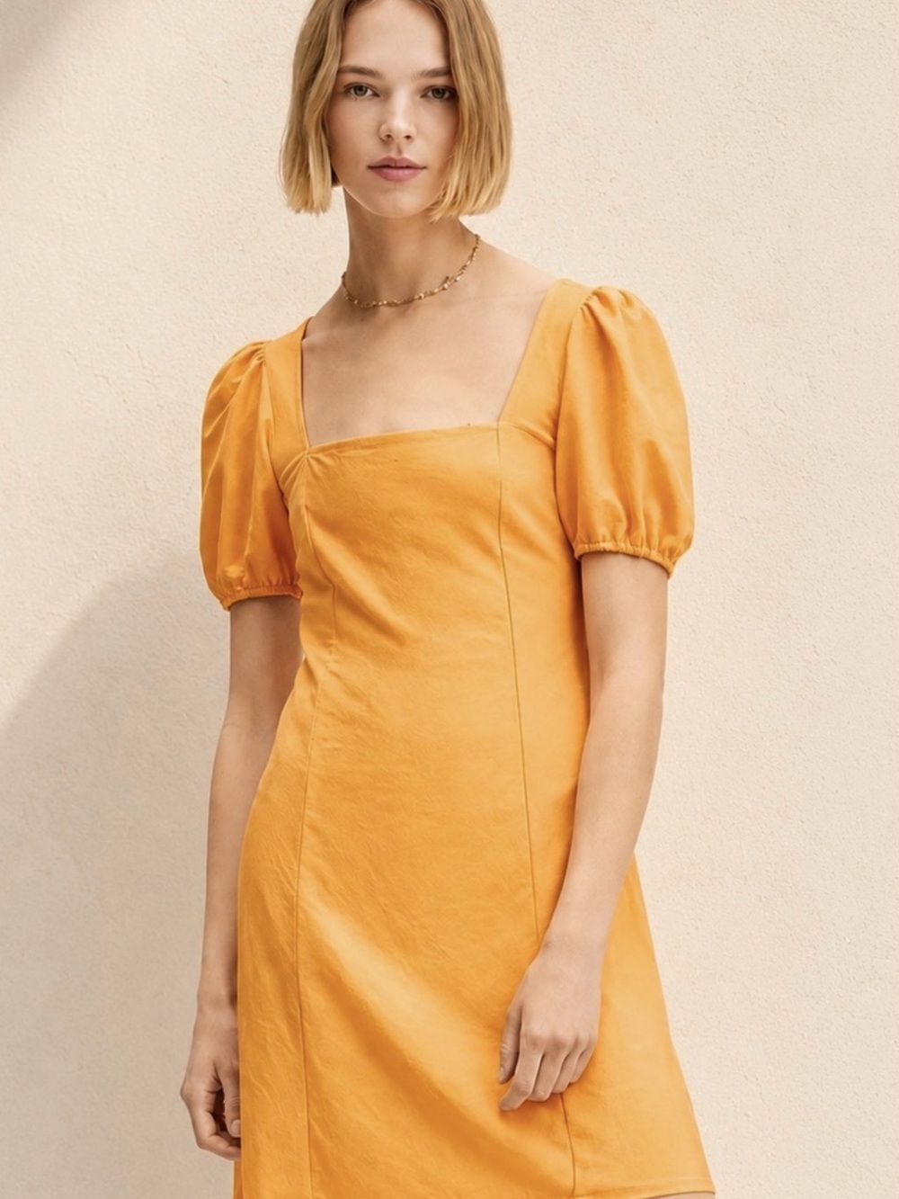 Mango Square Neck Puff Sleeve Midi Dress in Mustard